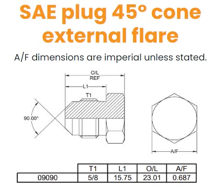 5/8 SAE 45° Ext Flare Solid Plug Hydraulic Adaptor